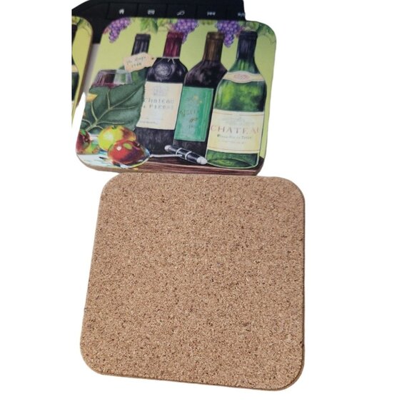 Wine Bottles Grapes Set of 4 Coasters Cork Backing Wood Glossy 3 1/2" x 3 1/2" - Picture 2 of 6